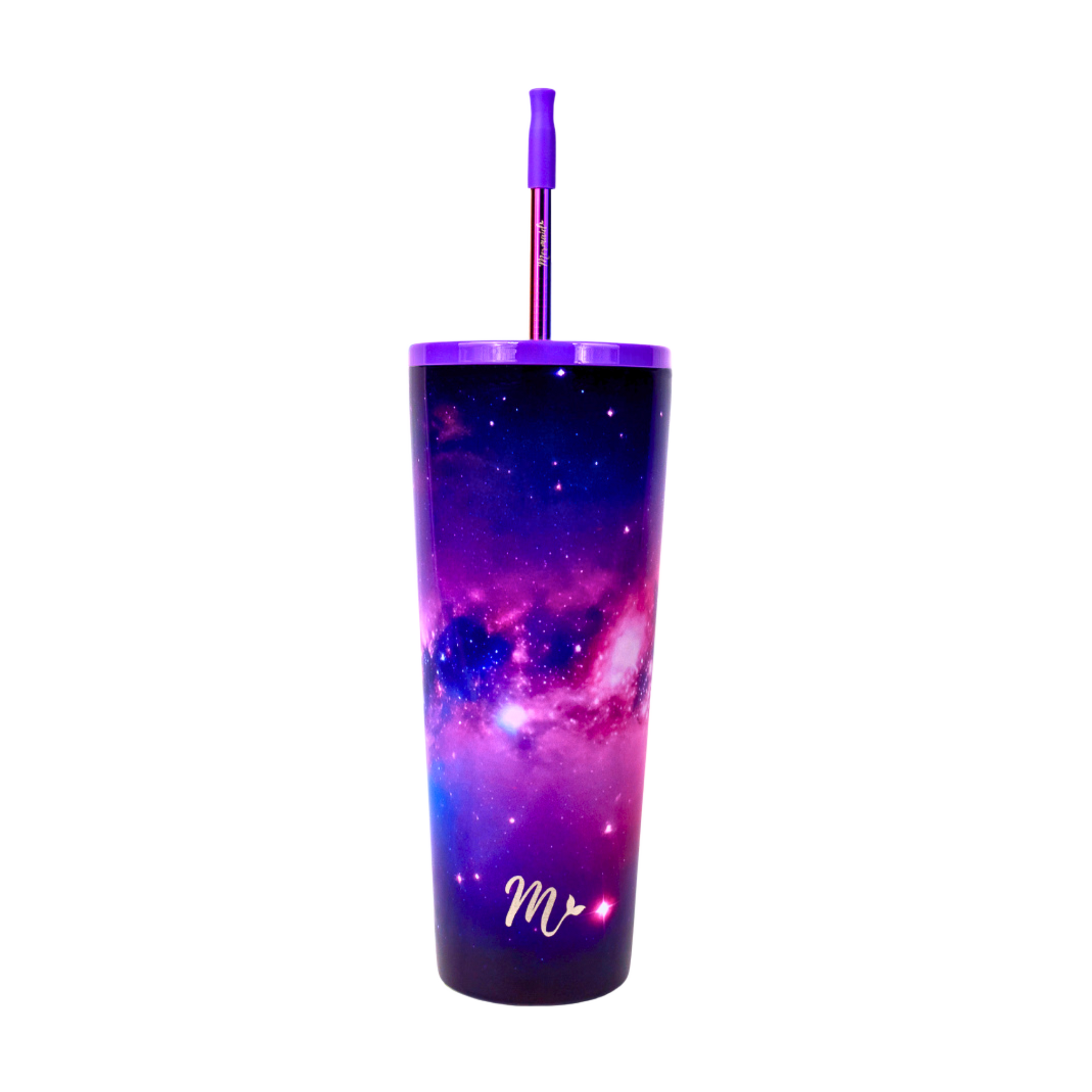 20oz, galaxy print vacuum insulated tumbler with purple straw lid, mermaid straw and purple silicone tip, Mermaid Straw