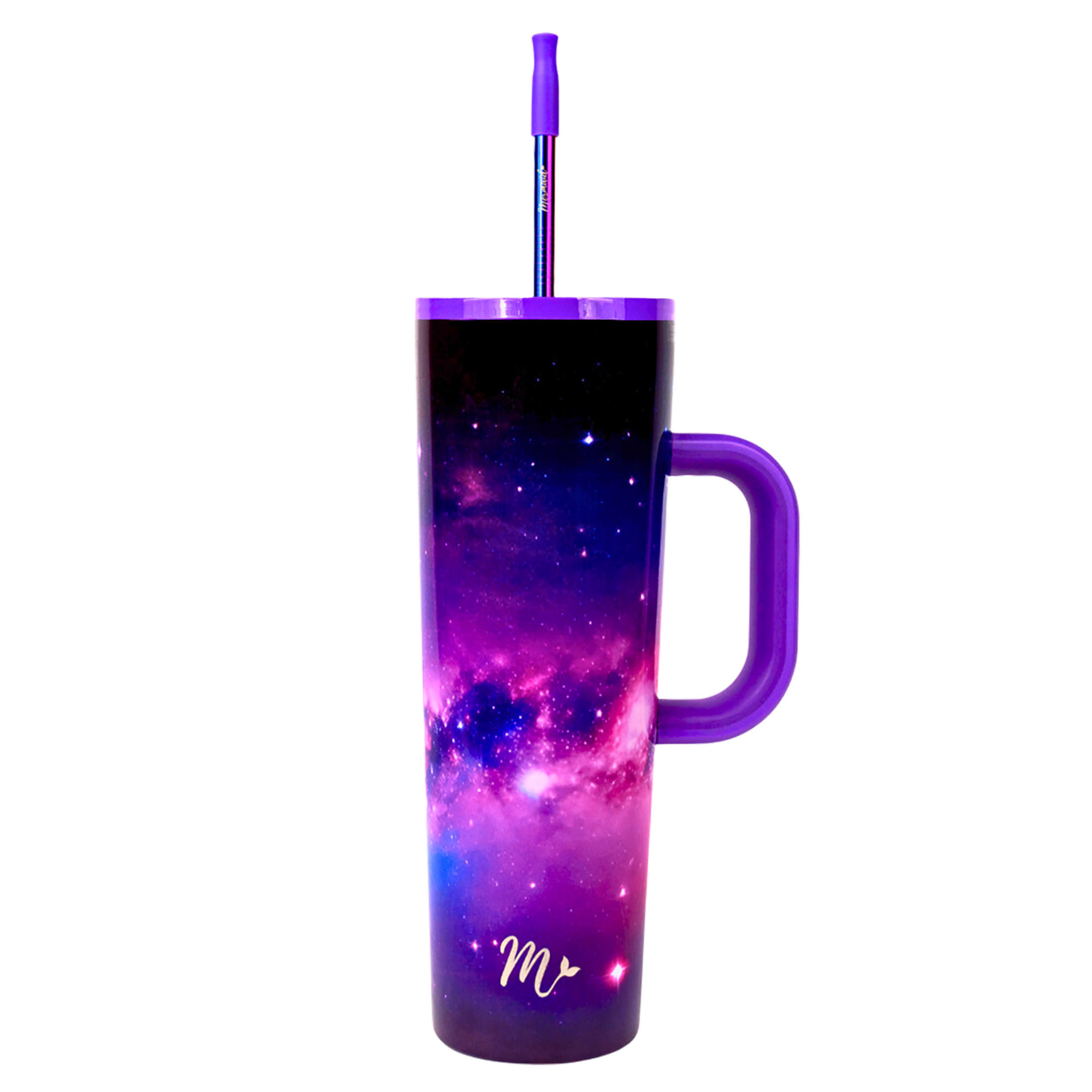 Purple, Pink, Blue, Black, galaxy print, 30oz tumbler with handle, flip top lid, mermaid straw lid and silicon tip, Mermaid Straw