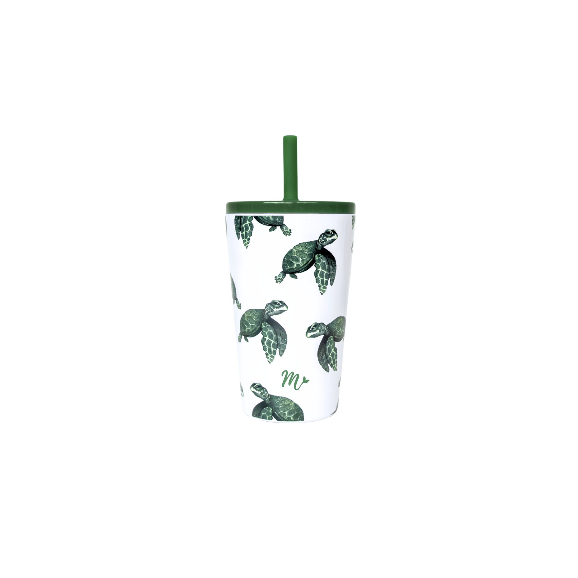 14 oz stainless steel cup with a sea turtle design in green, featuring a green straw, against a plain white background.