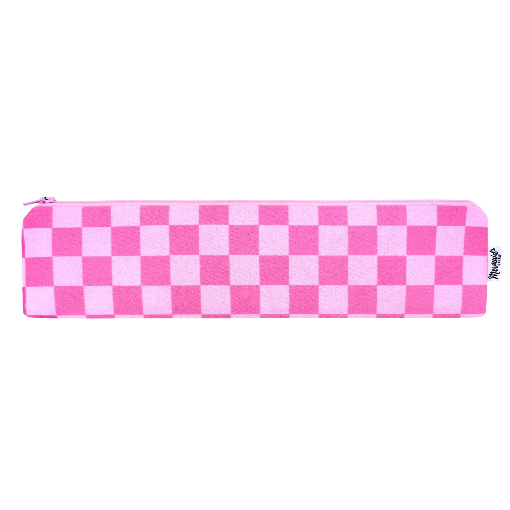 Handmade, pink checkers zipper pouch; Mermaid Straw