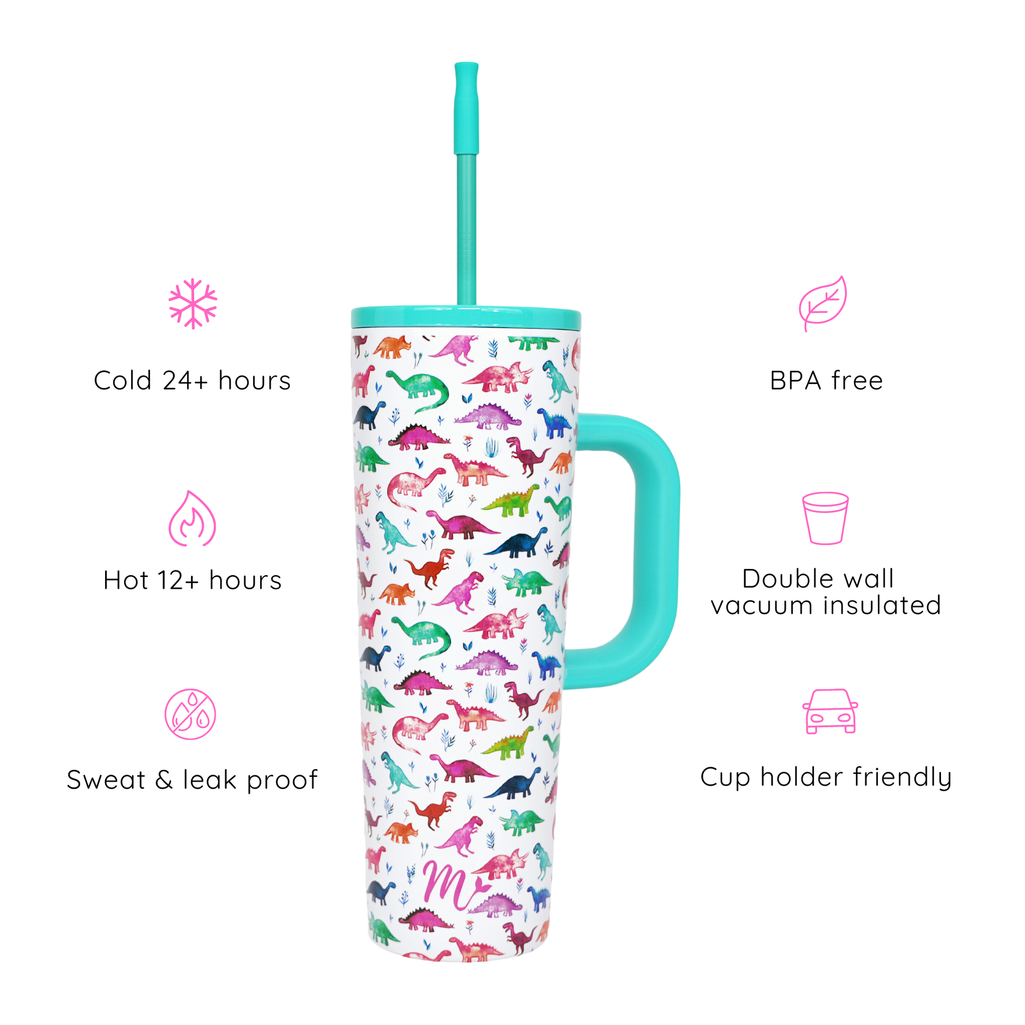 dinosaur tumbler, kids tumbler, tumbler with handle, trendy 30oz cup, leakproof tumbler, cute trendy cup, travel mug, straw included, keeps drinks cold, aesthetic cup