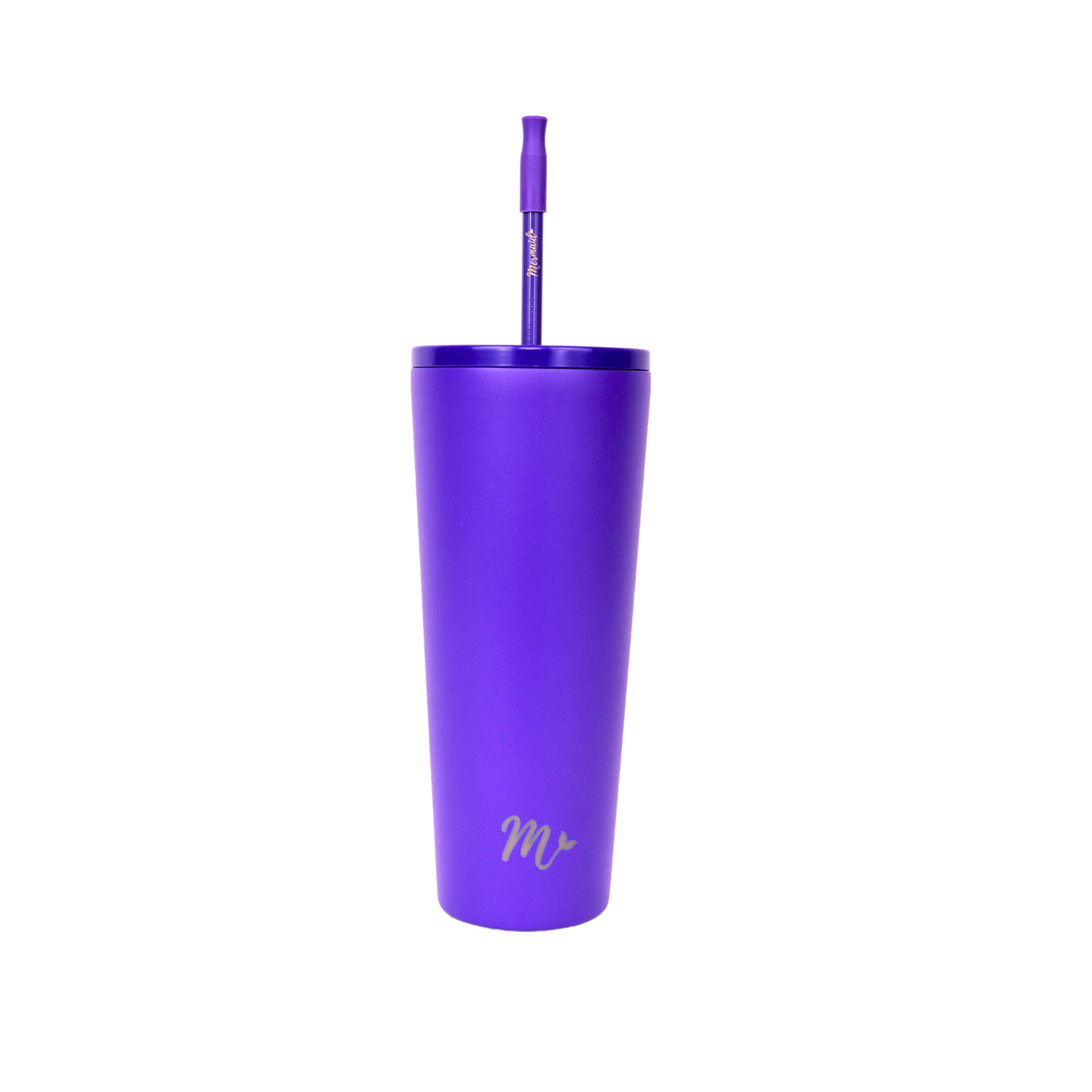 Purple, lead-free, insulated tumbler with spill-proof straw lid, purple ceramic straw and purple silicone tip; Mermaid Straw