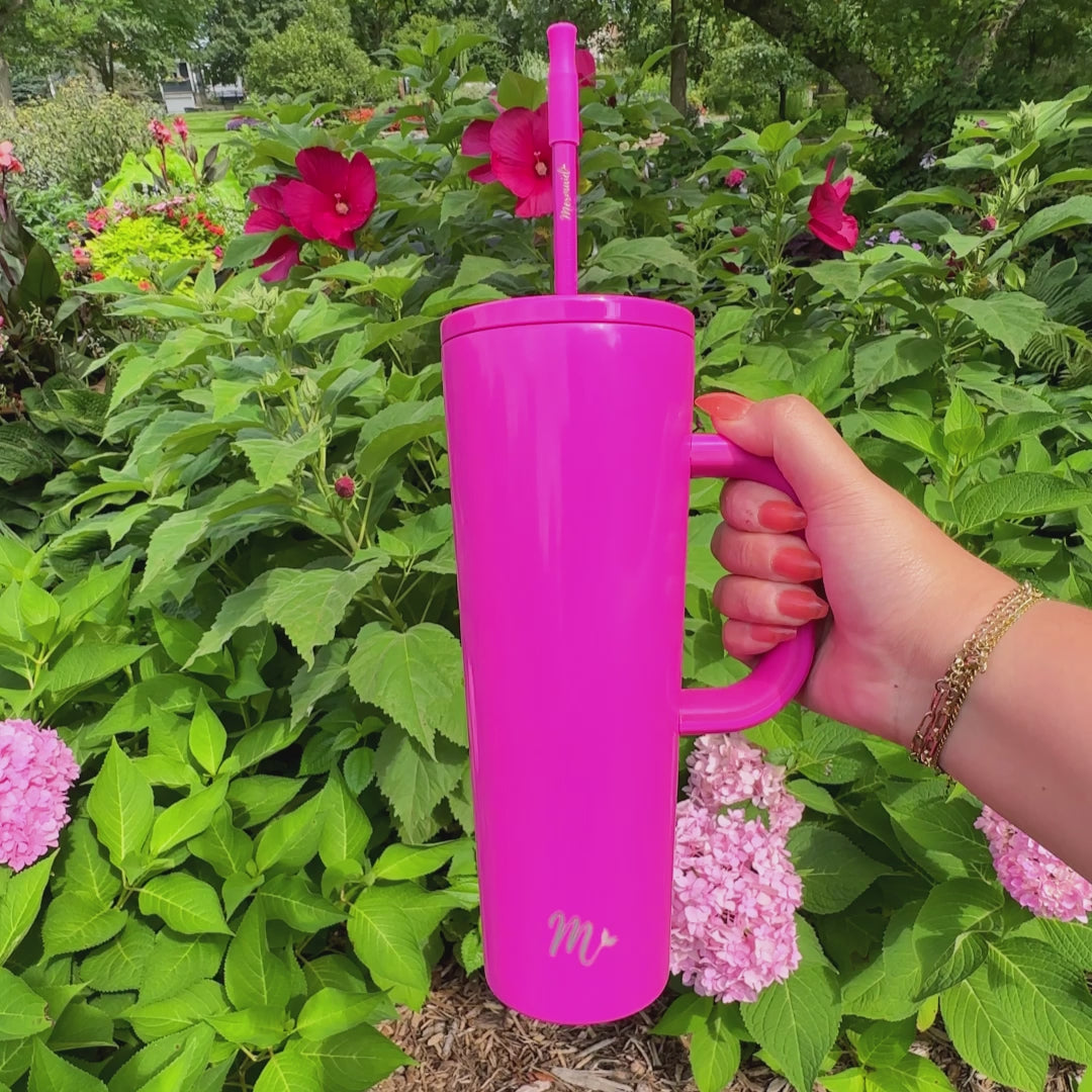 barbie pink tumbler, hot pink tumbler, tumbler with handle, trendy 30oz cup, leakproof tumbler, cute trendy cup, travel mug, straw included, keeps drinks cold, aesthetic cup