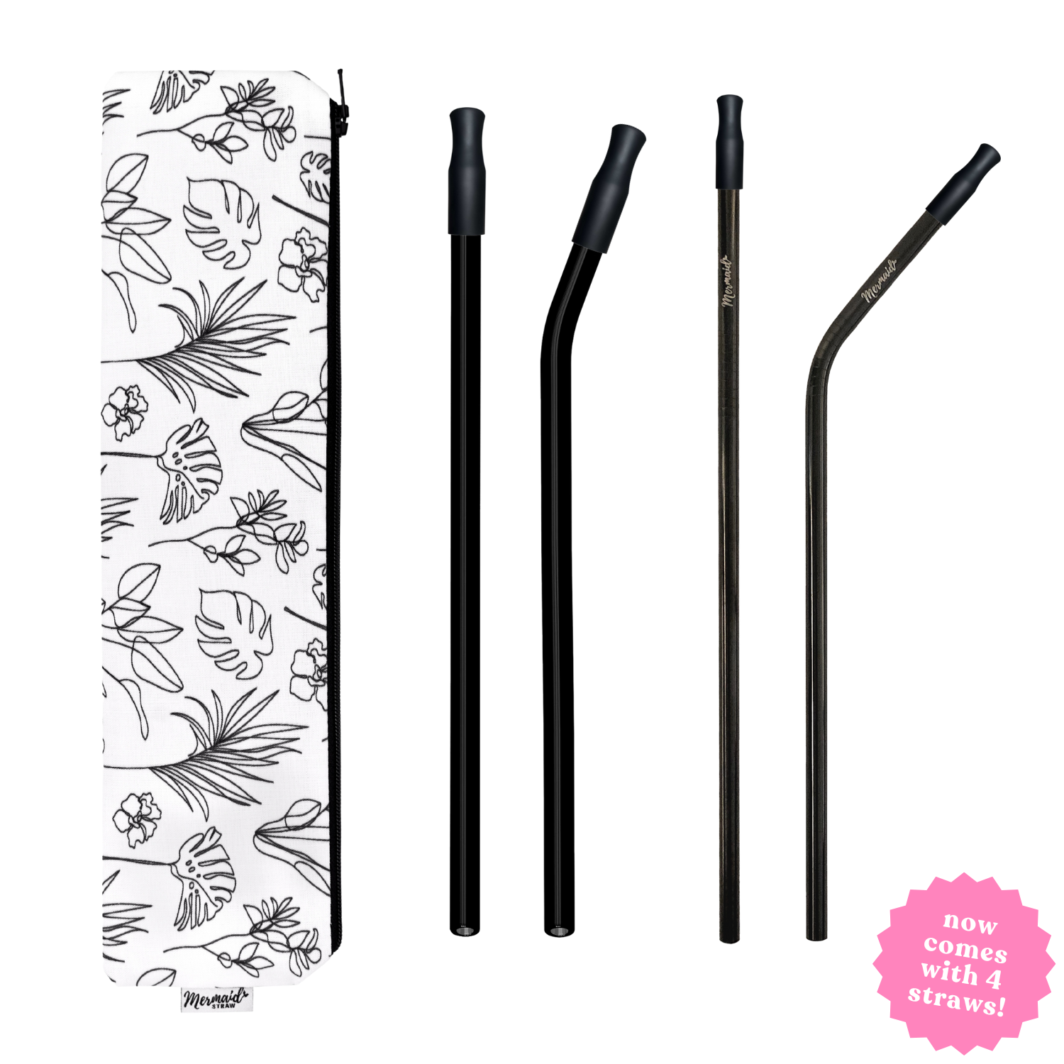 black and white handmade botanical zipper pouch with two stainless steel straws and two black glass straw, all with silicone tips; mermaid straw