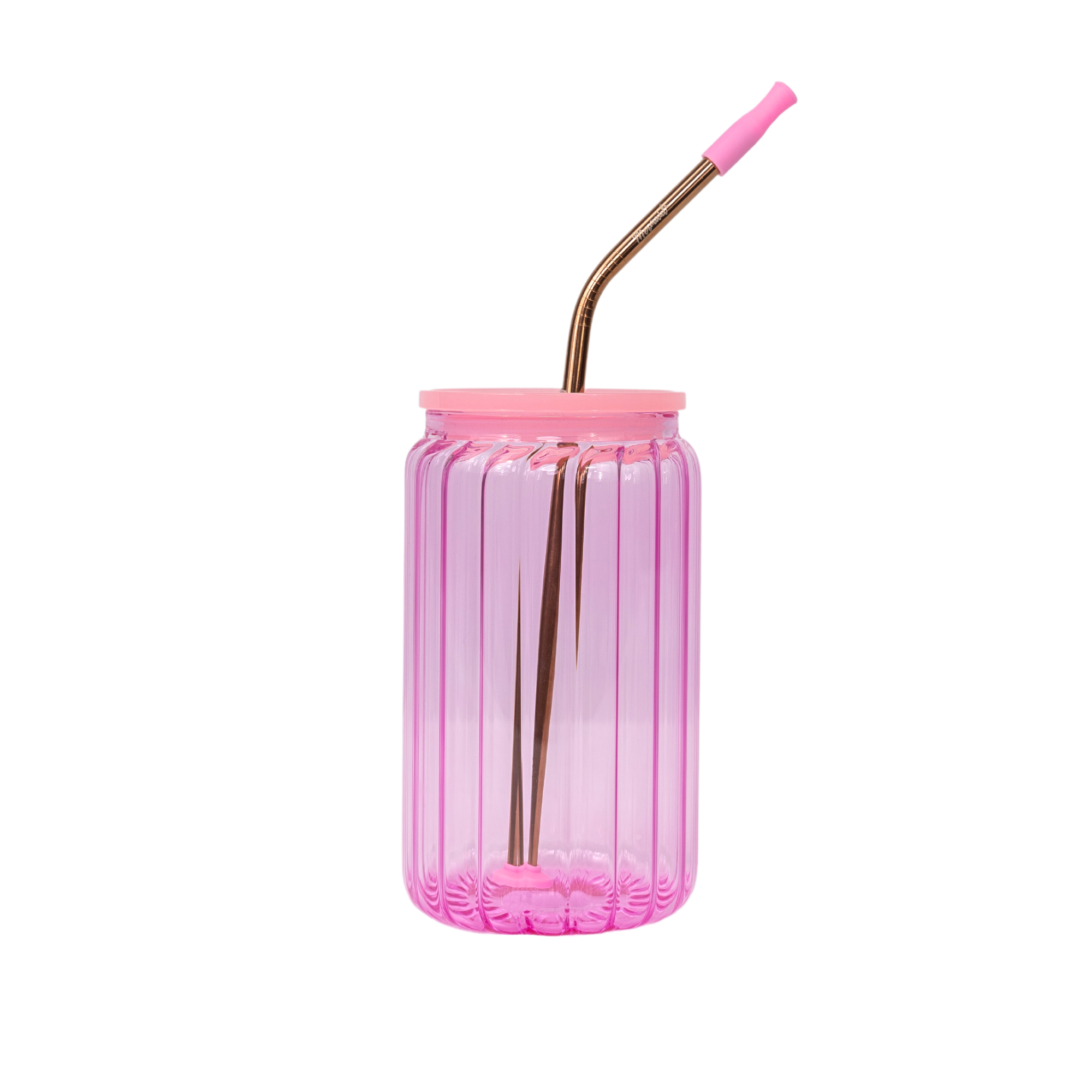 Light pink glass jelly cup with lid and rose gold stainless steel straw 