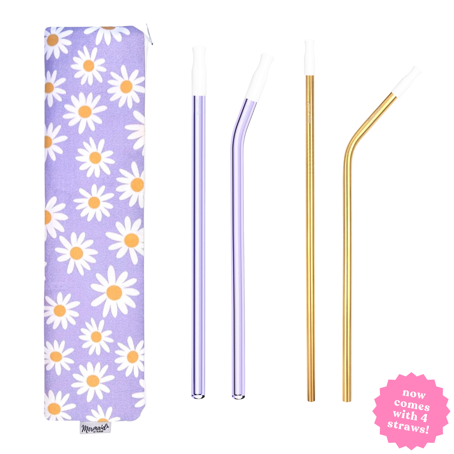 handmade botanical zipper pouch with two purple glass straw and two gold straws with silicone tips; mermaid straw