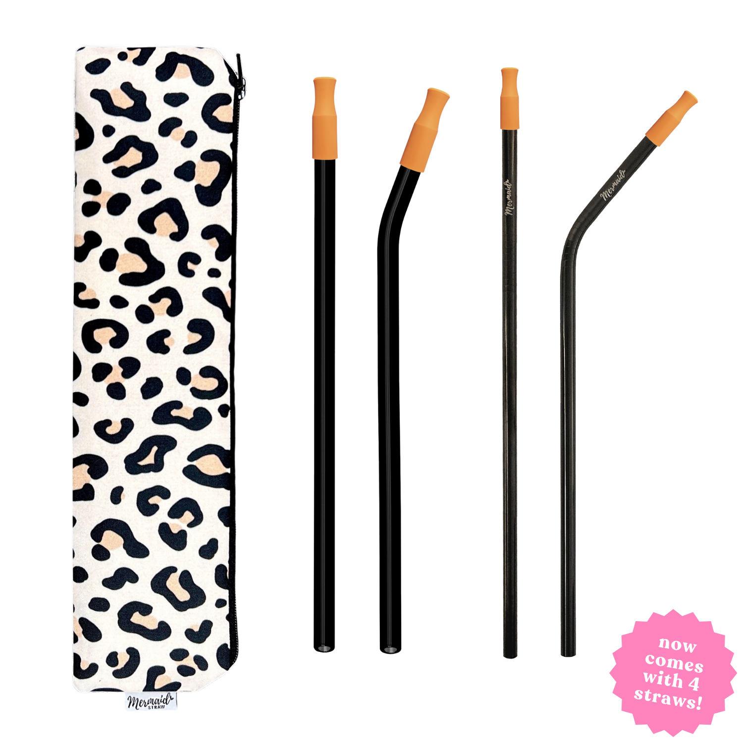 handmade leopard zipper pouch with two siren glass straws and two siren stainless steel straws all with silicone tips; mermaid straw