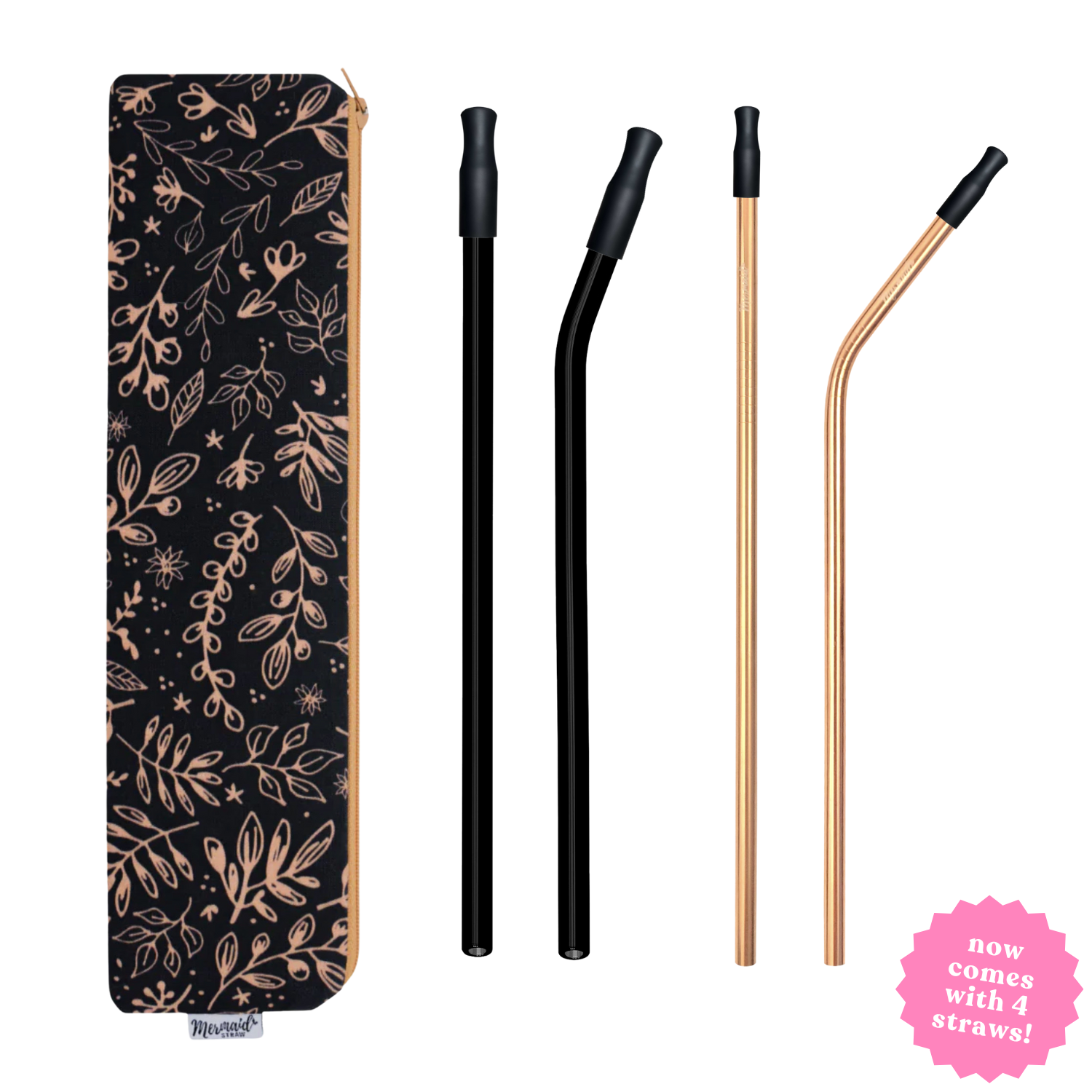 handmade midnight flora zipper pouch straw pack with two black glass straws, two rose gold stainless steel straws and silicon straw tips