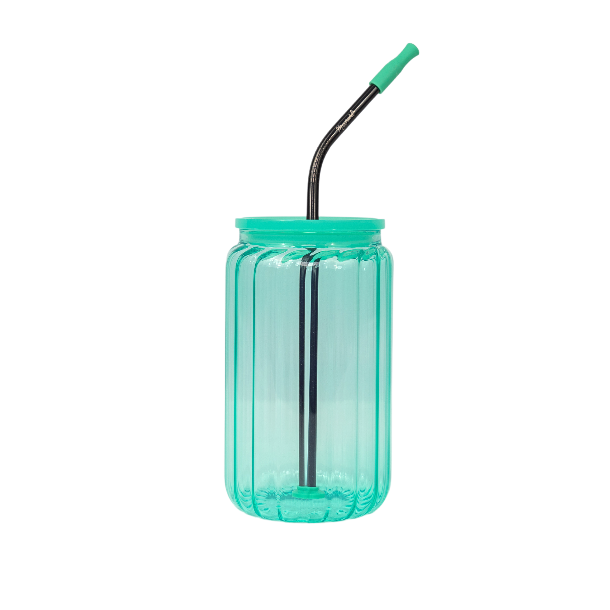 Green glass jelly cup with lid and black stainless steel straw 