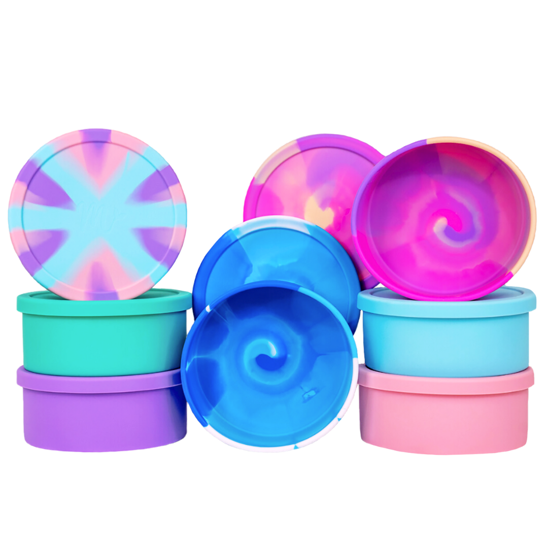 Colorful silicone bento bowls with lid and Mermaid Straw logo