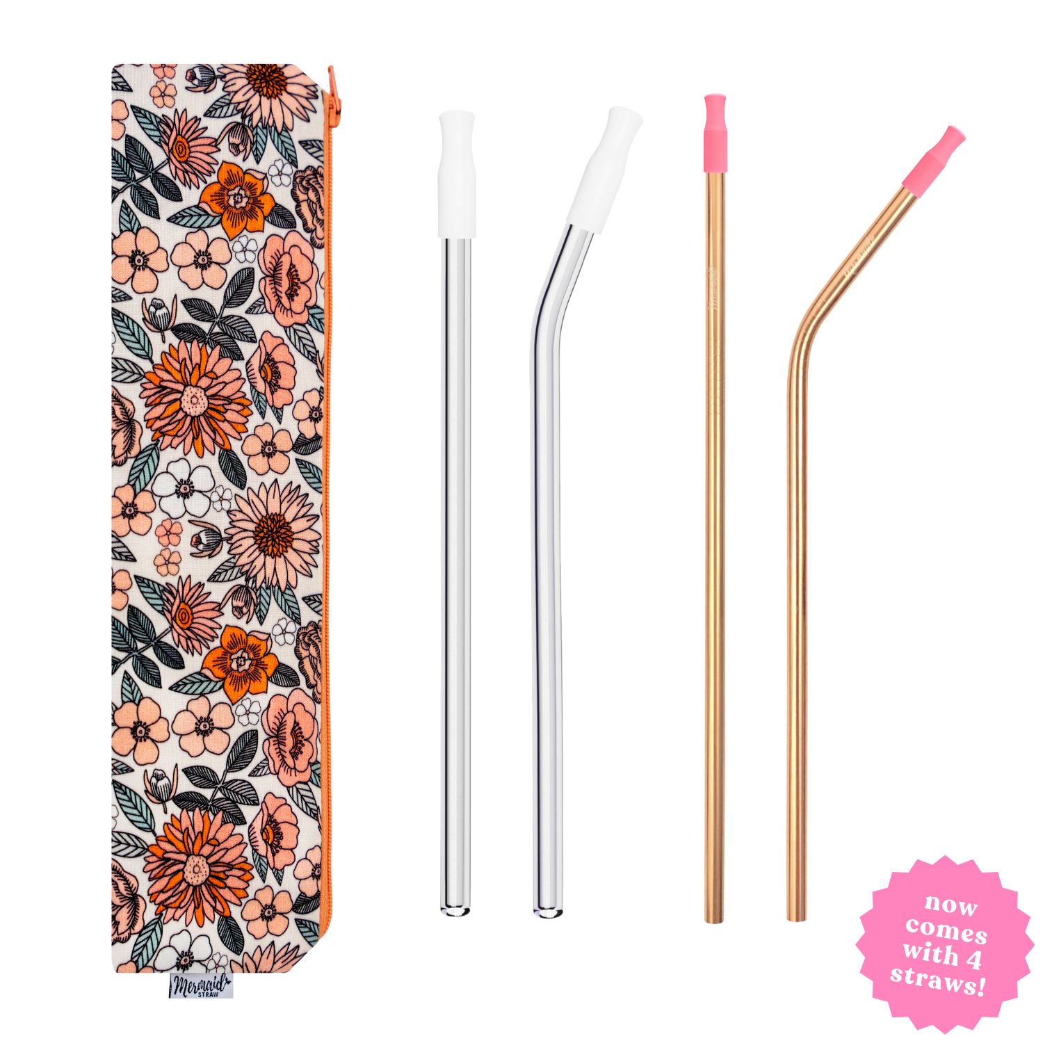 handmade peachy petals zipper pouch pack with two clear glass straws, two rose gold stainless steel straws and silicone straw tips