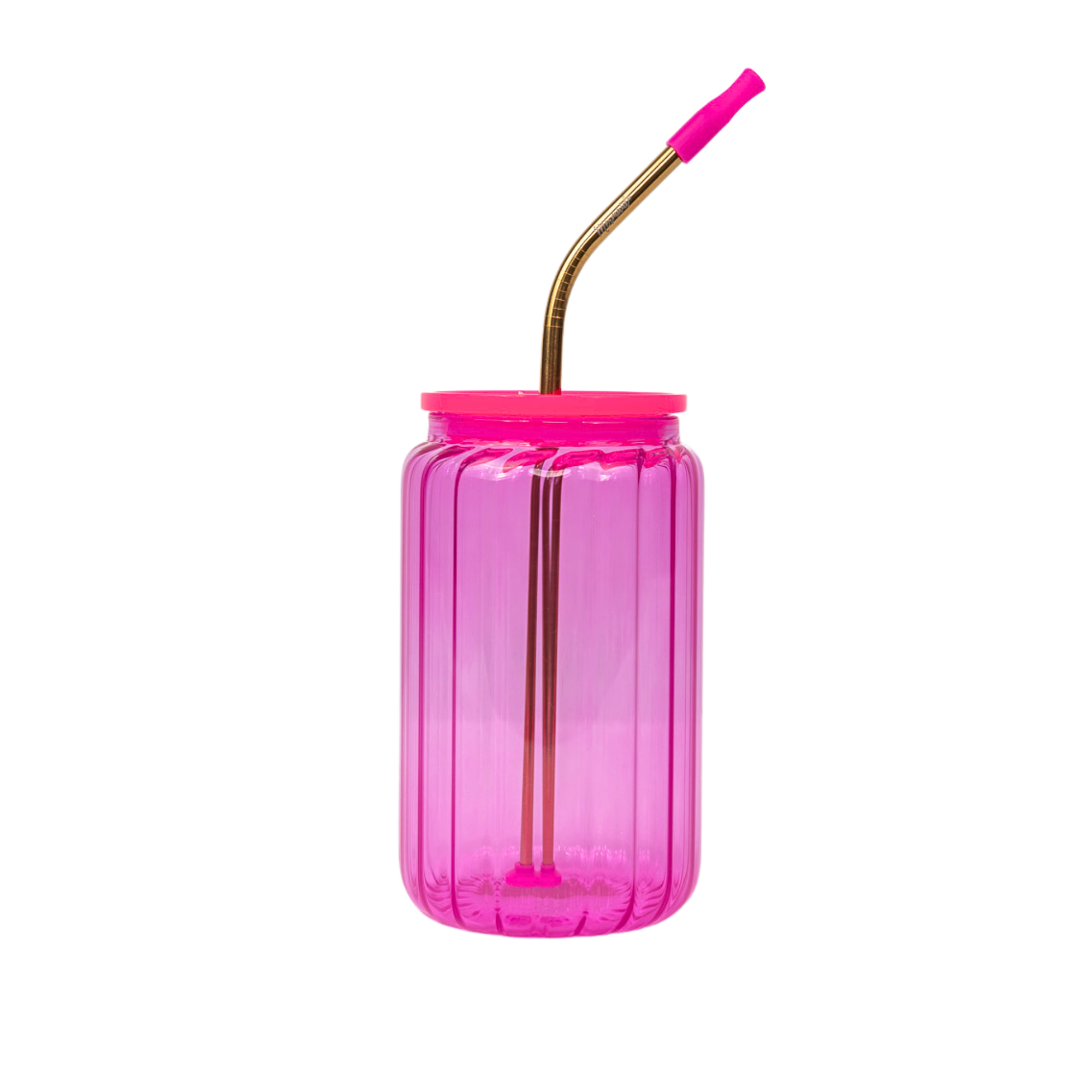 Pink glass jelly cup with lid and gold stainless steel straw 