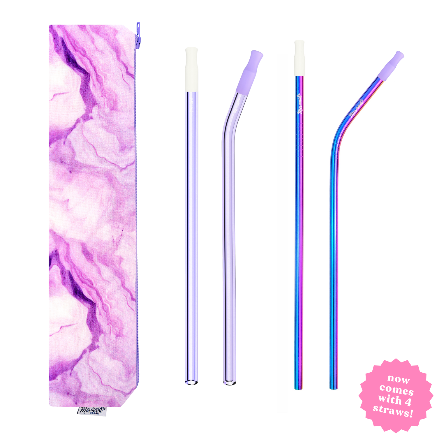 handmade purple marble zipper pouch straw pack with two purple glass straws, mermaid stainless steel straws and silicone straw tips; mermaid straw