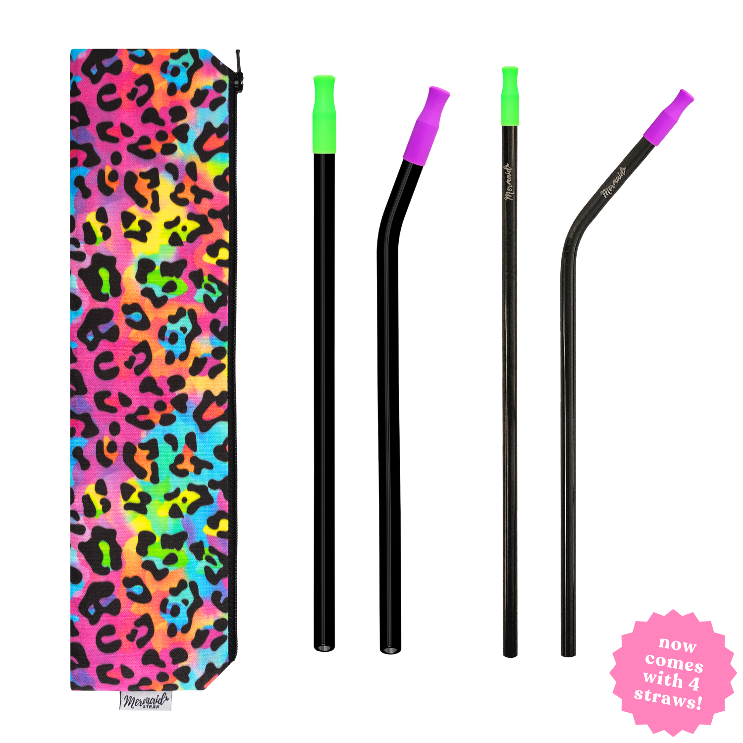 handmade rainbow leopard zipper pouch straw pack with two black glass straws, two black stainless steel straws and silicone straw tips