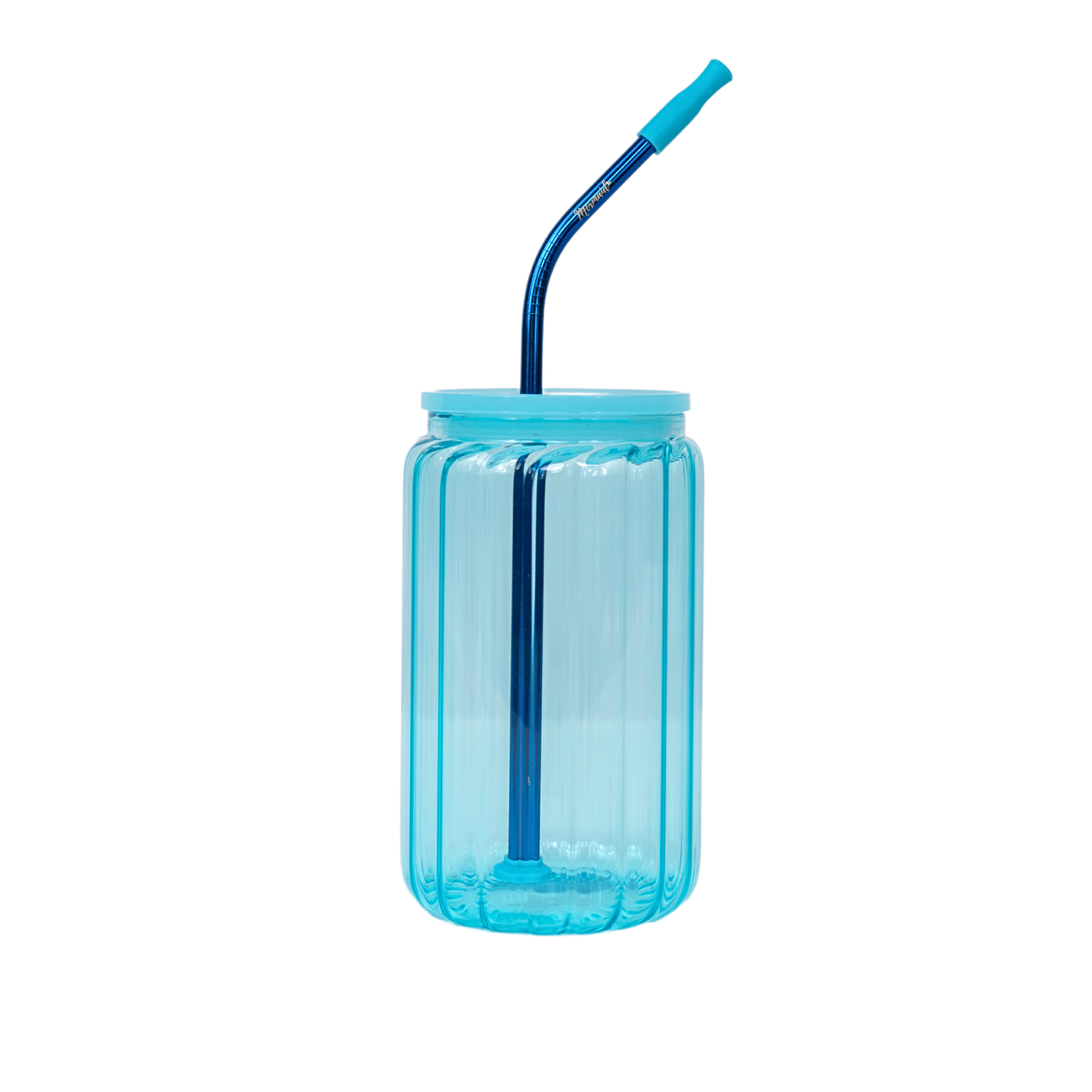 Blue glass jelly cup with lid and blue stainless steel straw 