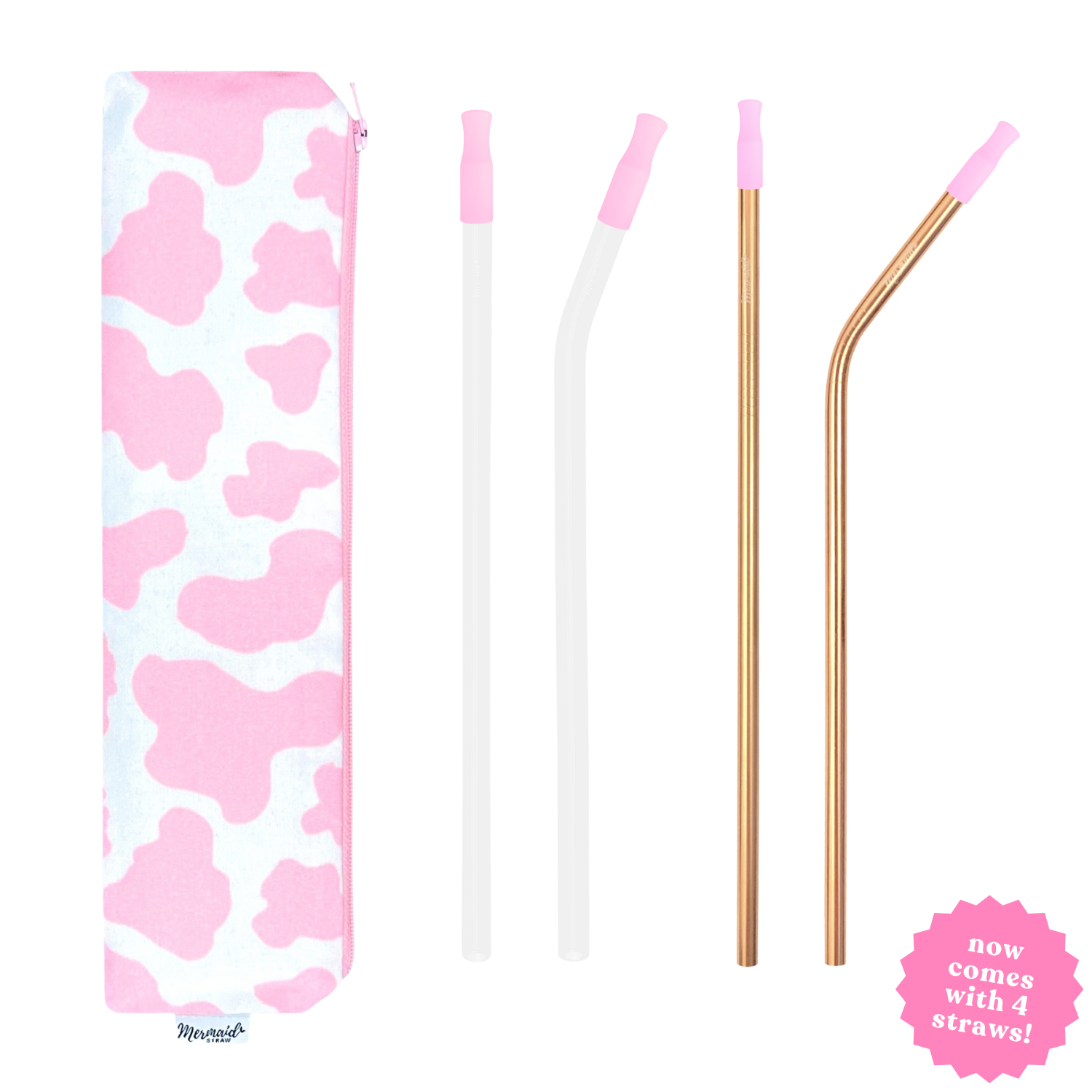 handmade strawberry milk zipper pouch straw pack with two white glass straws, two rose gold stainless steel straws and silicone straw tips