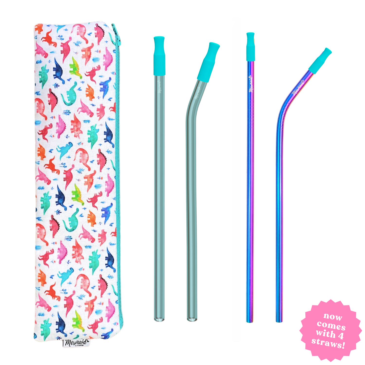 tiny dinos zipper pouch straw pack with two teal glass straws, two mermaid stainless steel straws and silicone straw tips; mermaid straw